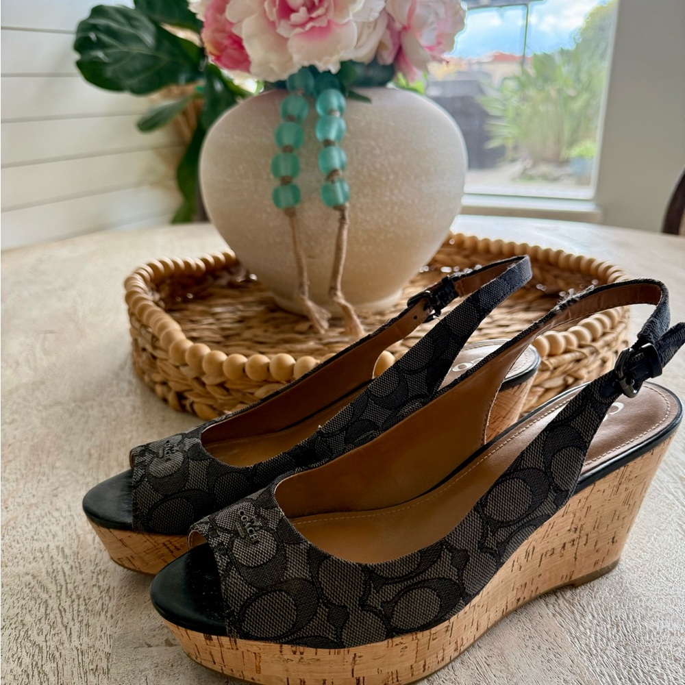 Coach Black and Tan Wedge Sandals